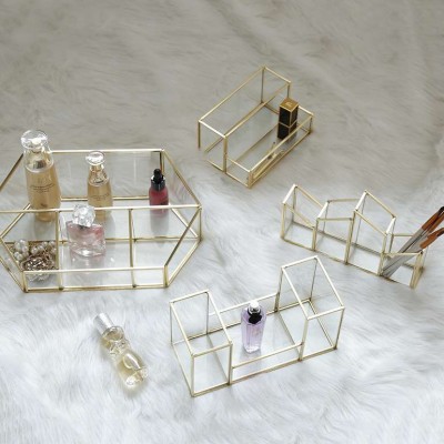 Storage Box Luxury Gold Metal Glass Clear Brush Acrylic Desk Perfume Make Up Vanity Holder Organizer Cosmetic Makeup Storage Box