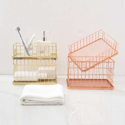 Rose Gold Metal Wire Storage Basket Organizer Bin Desktop Baskets Fruit Basket for Kitchen Cabinet Freezer Bedroom Bathroom